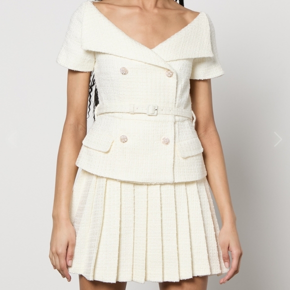 NEW Self-Portrait Boucle Pleated Mini Dress Ivory White Tweed Structured - Picture 5 of 10